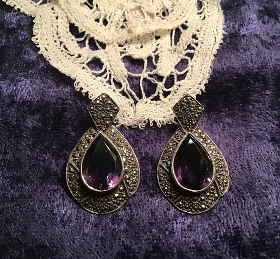 Gorgeous Large Amethyst & Marcasite Sterling Post… - image 1