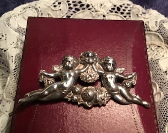 Antique Art Nouveau Sterling Cherub Brooch, c1920s Floral Pin