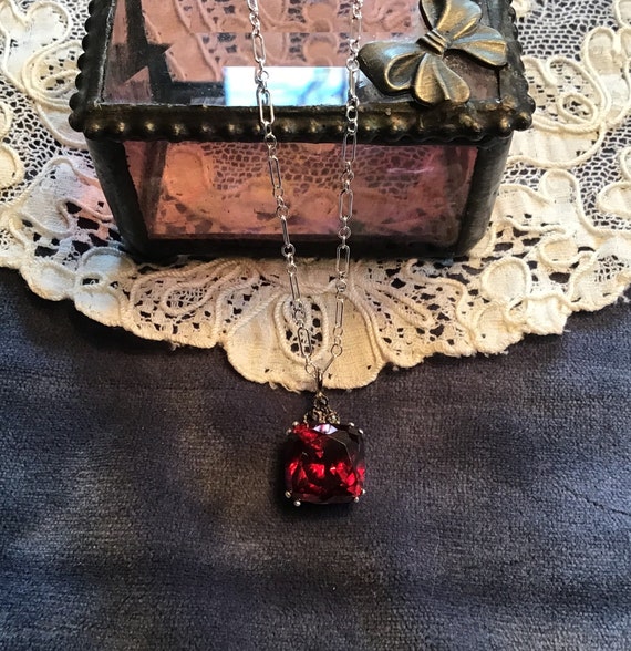 Lovely Antique Style Square Garnet & Sterling Pend