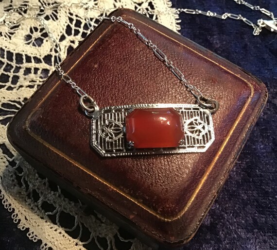 Sophisticated Art Deco (c1930s) Carnelian Rhodium… - image 1