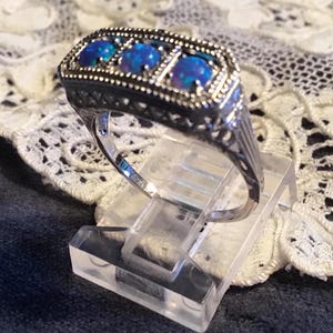 Art Deco Revival Blue Opal Sterling Silver Filigree Ring - Size 6
