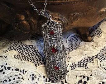 Vintage Edwardian Revival Natural Ruby Sterling Filigree Pendant Necklace