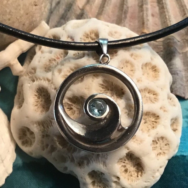 Unique Blue Topaz & Sterling Ocean Wave Pendant Necklace