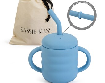 SASSIE KIDZ 2-1 Baby Silicone Straw Sippy/Drinking Cup with Stopper & Cleaning Brush - BLUE