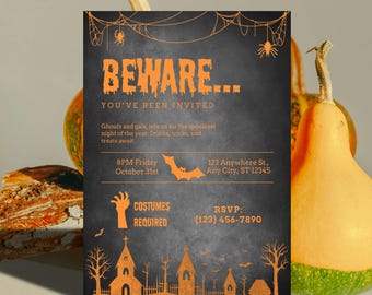 May include: Halloween invitation with orange text on a dark gray background. The invitation reads "BEWARE... YOU'VE BEEN INVITED" and includes event details, a bat, spiderwebs, and a church silhouette. Pumpkins are in the background.