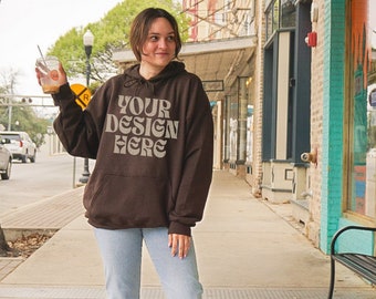 Dark Chocolate Gildan 18500 Mockup, Brown Hoodie Mock, Oversized Sweatshirt, VSCO, Vintage Lifestyle Mockup, Aesthetic Mockup, Trendy, POD