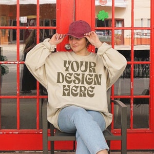 Gildan 18000 Mockup Sand Oversized Sweatshirt with Model Mockup, Aesthetic Mock, Streetwear Lifestyle, Trendy Urban City, Grunge, Printify