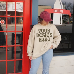 Gildan 18000 Mockup Sand Oversized Sweatshirt with Model Mockup, Aesthetic Mock, Streetwear Lifestyle, Trendy Urban City, Grunge, Printify