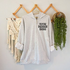 Ash Gildan 18600 Mockup Ash, Gildan Full Zip Hoodie Mock Up Gray, Hanging Hoodie, Boho Aesthetic Mockup, Lifestyle, Print on Demand Printify