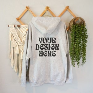 Ash Gildan 18600 Mockup Back, Grey Gildan Full Zip Hoodie Mock Up Gray, Hanging Hoodie, Boho Aesthetic Mockup, Lifestyle, Print on Demand