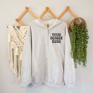 Ash Gildan 18600 Mockup Ash, Gildan Full Zip Hoodie Mock Up Gray, Hanging Hoodie, Boho Aesthetic Mockup, Lifestyle, Print on Demand Printify