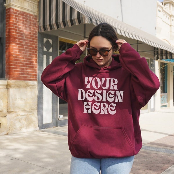 Gildan 18500 Mockup Maroon, Red Hoodie Model Mock Up, Vintage Aesthetic Mockup, Oversized Hoodie Mock Up, Outside Lifestyle, Printify, VSCO