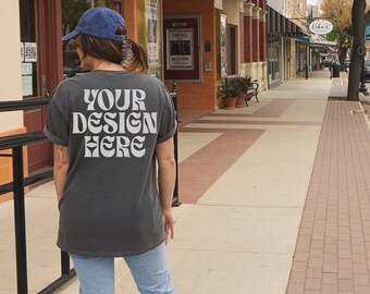 Pepper Comfort Colors 1717 Mockup, Dark Grey Shirt Mock Back, Vintage C1717 Model Mockup, Outdoor Lifestyle, Aesthetic Mockups, Trendy Mock