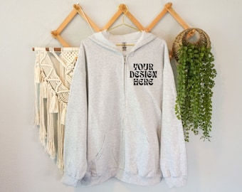 Ash Gildan 18600 Mockup Ash, Gildan Full Zip Hoodie Mock Up Gray, Hanging Hoodie, Boho Aesthetic Mockup, Lifestyle, Print on Demand Printify