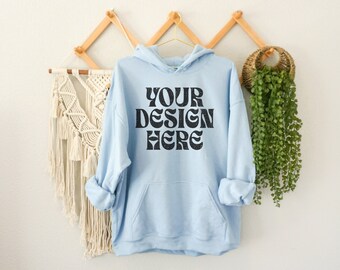 Gildan 18500 Mockup Light Blue, Blue Gildan 18500 Mock Up, Hanging Gildan Boho Hoodie Mock, Aesthetic, Lifestyle, High Quality, Minimalist