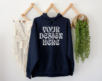 Gildan 18500 Mockup Navy, Navy Gildan 18500 Mock Up, Hanging Hoodie Mock Up, Blue Hooded Sweatshirt, Aesthetic Lifestyle Quality, Minimalist