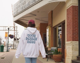 White Gildan 18500 Mockup Back of Hoodie, VSCO Girl Model Mock Up, Vintage Aesthetic Mockup, Oversized Hoodie, Outdoor Lifestyle City Street