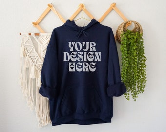 Gildan 18500 Mockup Navy, Navy Gildan 18500 Mock Up, Hanging Hoodie Mock Up, Blue Hooded Sweatshirt, Aesthetic Lifestyle Quality, Minimalist