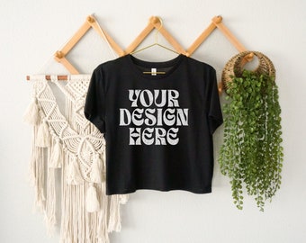 Black Bella Canvas 8882 Mockup, 8882 Bella Canvas Black Hanging Mock Up, Retro Black 8882 Crop Top Mock, Boho, Aesthetic, Lifestyle, Vintage
