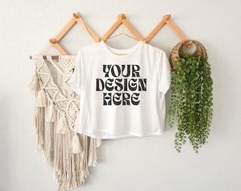White Bella Canvas 8882 Mockup, 8882 Bella Canvas White Hanging Mock Up, Retro White 8882 Crop Top Mock, Boho, Aesthetic, Lifestyle, Vintage
