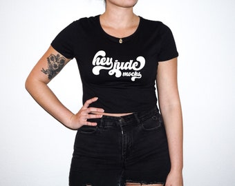 Black Bella Canvas 6681 Crop Top Model Mock; BC Cropped Tee, Retro Flash Photography Mockup, Vintage American Apparel Mock Up; Indie Sleaze