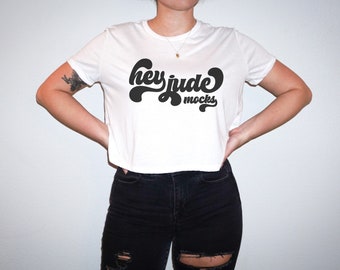 White Bella Canvas 8882 Crop Top Model Mock Up; BC 8882 White Cropped Tee Mockup, Retro Flash Photography Boho Indie Sleaze Aesthetic