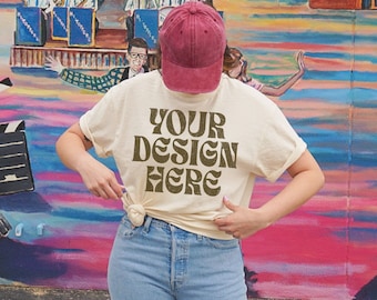 Comfort Colors 1717 Ivory Mockup, Vintage Shirt Mock Up, C1717 Model Mockup, Outdoors Lifestyle Photo, Aesthetic Mockup, Trendy Preppy Retro