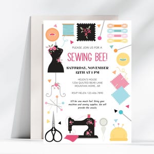 May include: A colorful invitation to a sewing bee party. The invitation features a sewing machine, a dress form, and various sewing supplies. The text on the invitation reads "Please join us for a Sewing Bee! Saturday, November 12th at 1 PM. Helen's House 1234 Quilted Bear Lane Mountain Home, AR RSVP Helen 123.456.7890 It'll be sew much fun! Bring your machine and sewing supplies. We will provide the snacks."