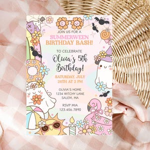 Groovy floral Halloween birthday invitation for kids