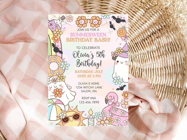 Groovy floral Halloween birthday invitation for kids