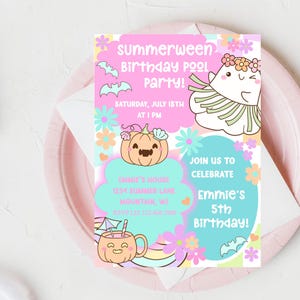 May include: A vibrant invitation for a "Summerween Birthday Pool Party" with cartoon illustrations of a pumpkin, ghost, and bats. The invitation is on a pink plate with the party details: Saturday, July 18th at 1 PM, Emmie's 5th Birthday.