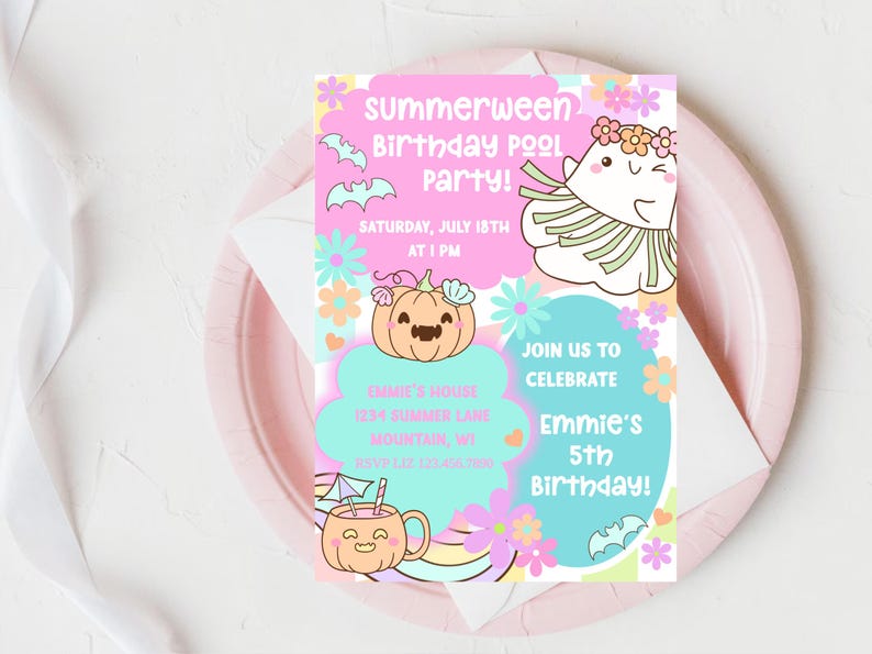 May include: A vibrant invitation for a "Summerween Birthday Pool Party" with cartoon illustrations of a pumpkin, ghost, and bats. The invitation is on a pink plate with the party details: Saturday, July 18th at 1 PM, Emmie's 5th Birthday.