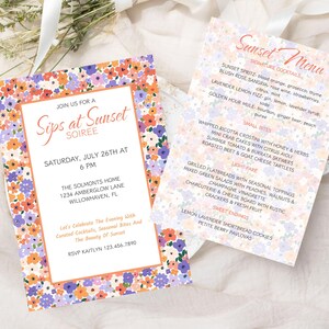Floral Sunset Soirée Invitation & Menu, Elegant Garden Party, Summer Garden Party Invitation, Editable Invite and Menu Dinner Party