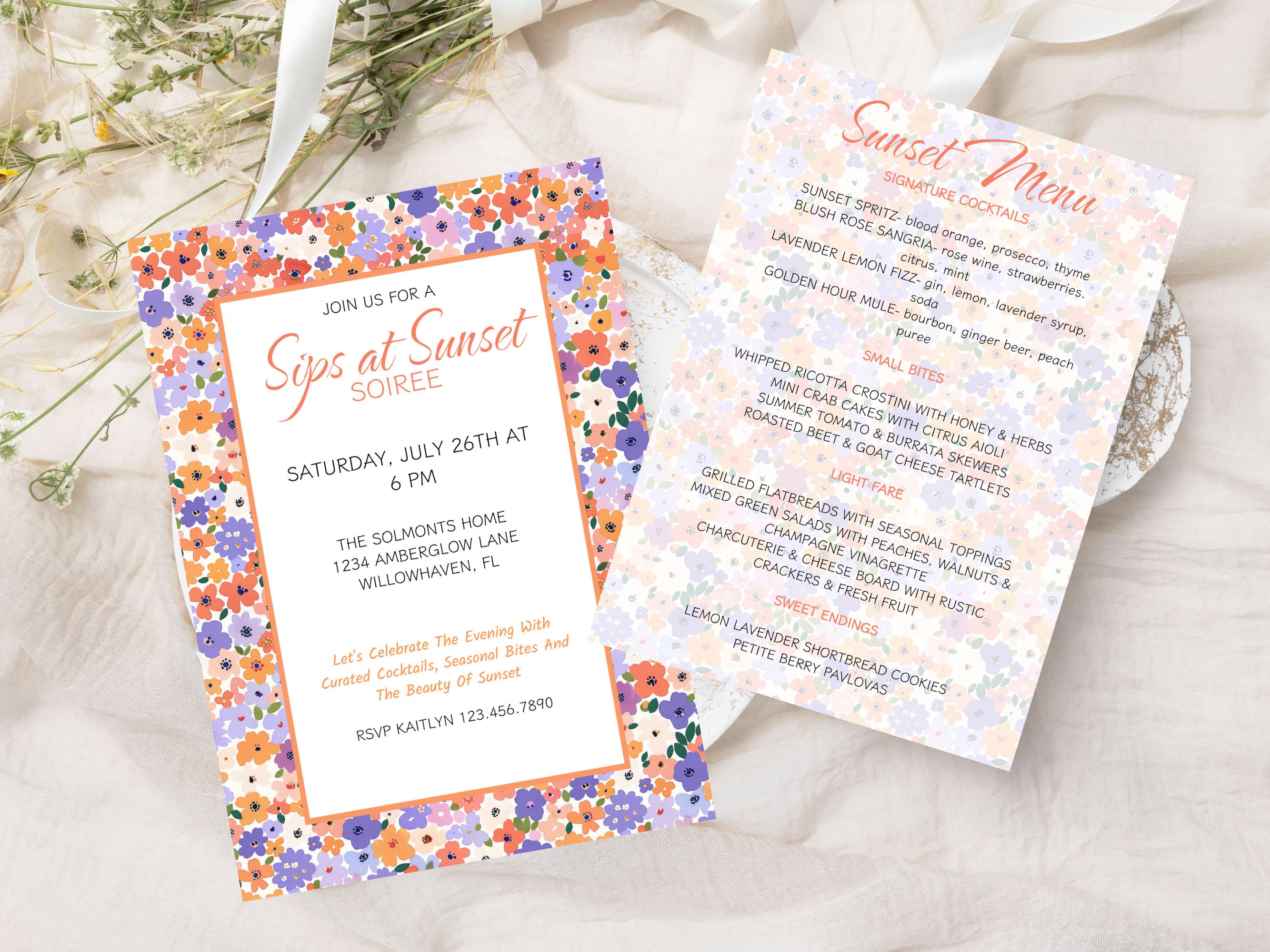 その他 Invitation Floral Sunset Soirée Invitation & Menu, Editable Garden Party