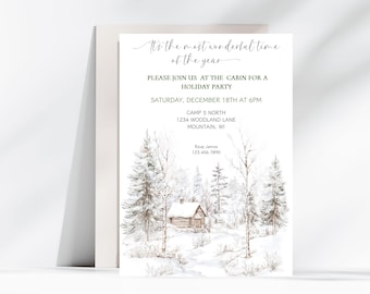 May include: A winter-themed invitation for a holiday party at a cabin. The invitation features a watercolor illustration of a snowy forest with a cabin in the background. The text on the invitation reads: "It's the most wonderful time of the year. Please join us at the cabin for a holiday party. Saturday, December 18th at 6pm. Camp 5 North, 1234 Woodland Lane, Mountain, WI. RSVP Jenna, 123.456.7890."