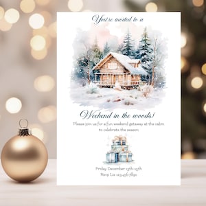 Rustic Cabin Party Invitation, Cozy Winter Weekend Itinerary Template, Ski Trip or Holiday Party Invite, Editable Family Christmas Cabin
