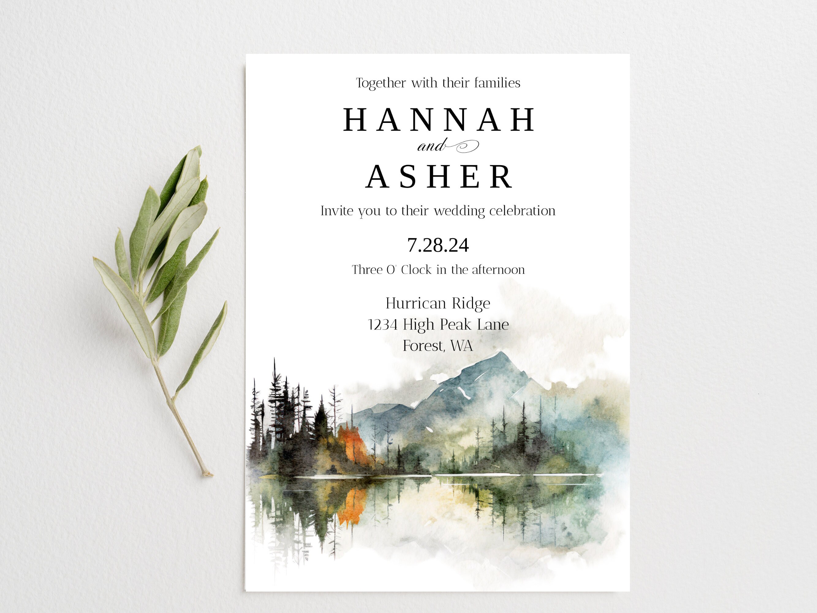 Mountain Wedding Invitation, Printable Watercolor Wedding Invite ...