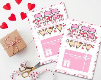 Afdrukbare kaarthouder Valentijnsdag, cadeaukaart valentijnskaart leraar, kleuterschool leraar koffietraktatie, valentijnskaart