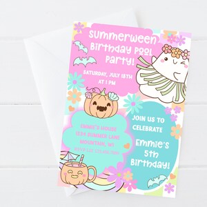 Spooky cute Summerween invite with a colorful swirl checkerboard background and playful Halloween graphics
