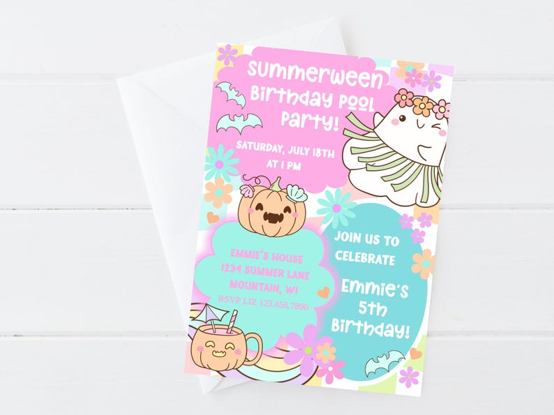 Spooky cute Summerween invite with a colorful swirl checkerboard background and playful Halloween graphics