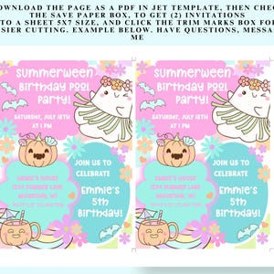 May include: Two identical invitations for a "Summerween Birthday Pool Party!" featuring cartoon pumpkins, bats, and a cute character. The invitations include the date, time, and location of the party, with the text "Join us to celebrate Emmie's 5th Birthday!"