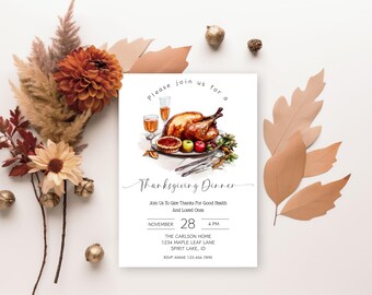 Faire-part modifiable pour le dîner de Thanksgiving, fête de famille automnale, invitation à dîner entre amis, famille et amis pour remercier