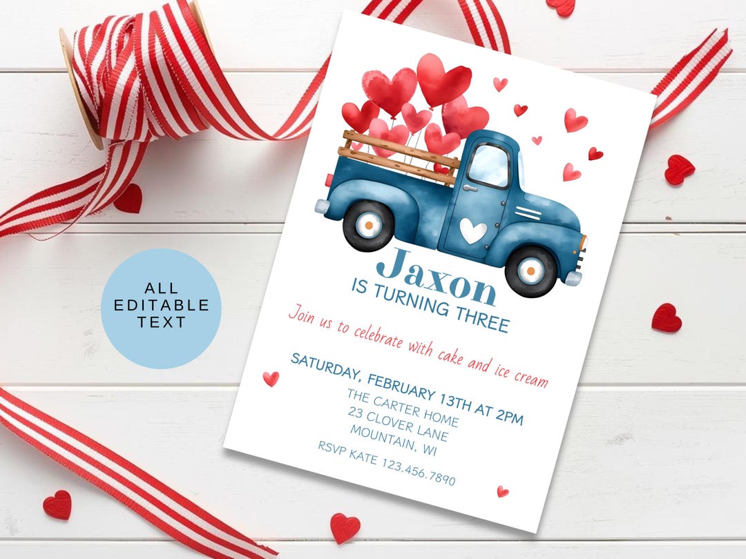 February Invite Valentine's Birthday Party Invitation, Boy Vintage Truck Invite Any Age ...