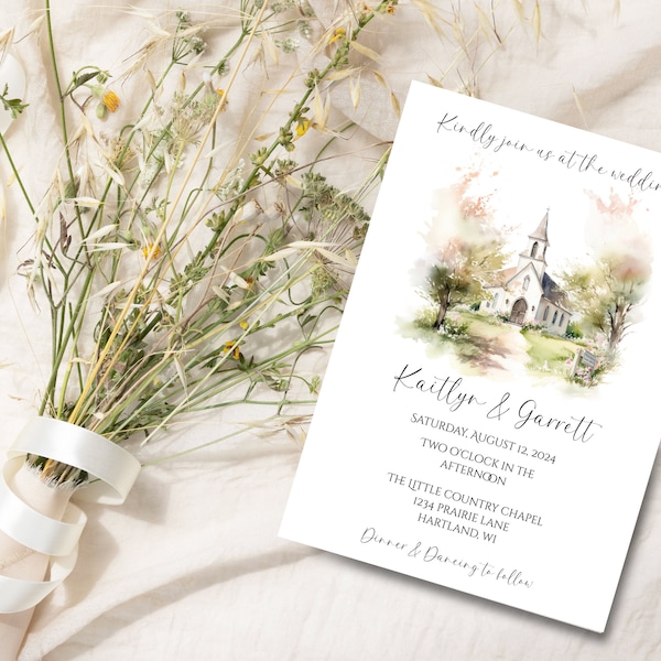 Little Country Chapel Wedding Invite, Editable Church Wedding Venue, Printable Prairie Wedding Invitation, Country Watercolor Chapel Invite