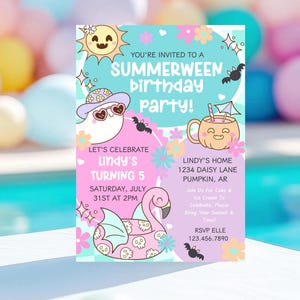 Invitación para fiesta de cumpleaños de Summerween, fiesta de verano en la piscina con un fantasma genial, fiesta de Halloween de verano retro, invitación de cumpleaños infantil espeluznante y adorable