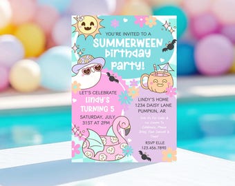 May include: A Summerween birthday party invitation card featuring a cartoon sun, a ghost wearing heart-shaped sunglasses and a hat, a pumpkin mug, and a flamingo pool float. The text reads: You're invited to a Summerween birthday party, Lindy's turning 5, Saturday, July 31st at 2pm, Lindy's home 1234 Daisy Lane Pumpkin, AR, join us for cake and ice cream to celebrate, please bring your swimsuit and towel, RSVP Elle 123.456.7890.