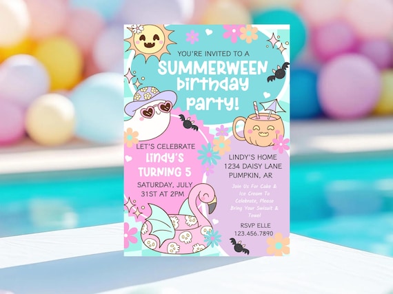 Summerween Birthday Party Invitation, Groovy Ghost Summer Pool Party Invite, Retro Summer Halloween Party, Spooky Cute Kids Birthday Invite