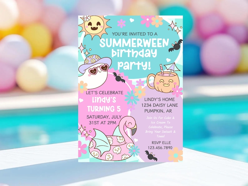 Summerween birthday invite with pastel ghosts, pumpkins, and pool floatie