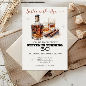 Better With Age Whiskey Invitation, Men&#39;s 50th Birthday Invite, Retirement Party, Bourbon Lover Invite, Whiskey & Cigars Birthday Invitation