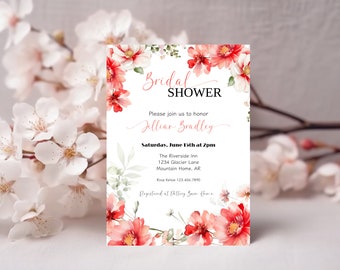 Pink Floral Bridal Shower Invitation: Coral Wedding Theme (Printable Template)